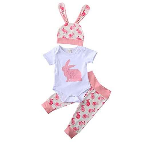 Newborn Baby Girl Easter Outfits My First Easter Pajamas Short Sleeve Romper PlusLong Pants PlusBunny Hat 3Pcs Easter Clothes Set -Pink 3-6 Months-