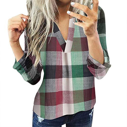 Womens Basic V Neck Plaid Shirts Cuffed Long Sleeve Casual Tops Blouses 2021 -S Green-