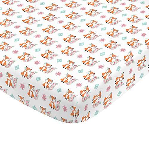 NoJo Aztec Mix  and  Match 100 percent Cotton Teal Floral Fox Fitted Crib Sheet Pink Orange Aqua White