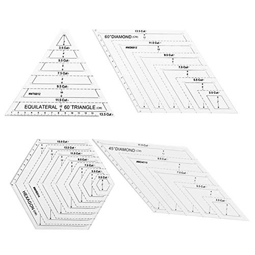 VASTAIR 4 Pcs Quilting Ruler Set Acrylic Triangle Rulers with 60 Degree Triangle and Rhombus 45 Degree Rhombus and Hexagon Used for DIY Hand Drawing Sewing Cutting Patchwork Tool