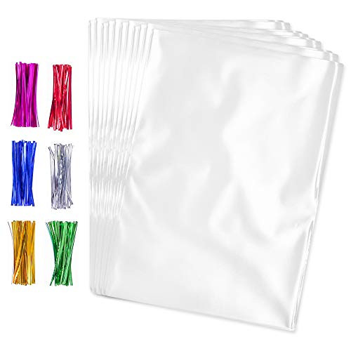 200 Pcs 9x12 Clear Flat Cello/Cellophane Treat Bags for Gift Wrapping Bakery Cookie Candies Dessert Party Favors Packaging with Color Twist Ties