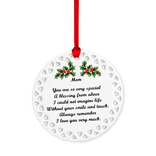 Mom I Love You Very Much Holly Berries Circle Disk Porcelain Christmas Ornament