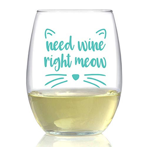 Need Wine Right Meow - Cute Funny Cat Stemless Wine Glass - Cat Gifts  and  Party Decor - Large 15 oz - Teal