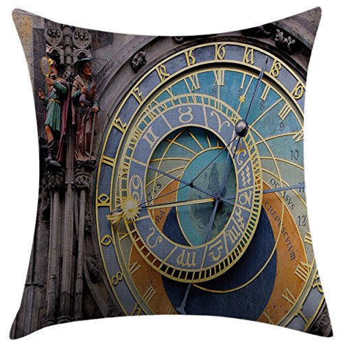 Mugod Pillow Cases Cushion Cover Clock Prague Astronomical Clock in The Old Town A Medieval Landmark of The City Blue and Yellow Pillowcase for Men Women Girl 20x20 Inch