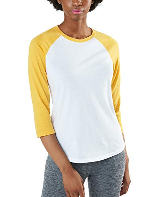 TSLA Womens 3/4 Sleeve Baseball Jersey Shirts Casual Dynamic Cotton T-Shirt Quarter Sleeve Raglan Tops Dyna Cotton 3/4 Sleeve-fts32- - White  and  Yellow Small