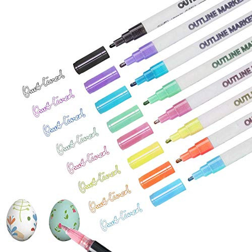 Yagood Super Squiggles Outline Marker Set - Self-Outline Metallic Markers - Double Line Outline Pen Journal Markers Pens for Illustration Coloring Sketching Card Making 8pcs/1Set
