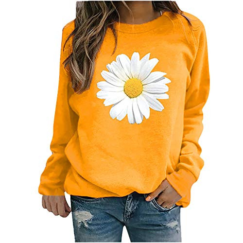 COOKI Women Sweatshirts Womens Crewneck Daisy Floral Graphic Printed Long Sleeve Pullover Jumper Tops Sweater Shirts Yellow