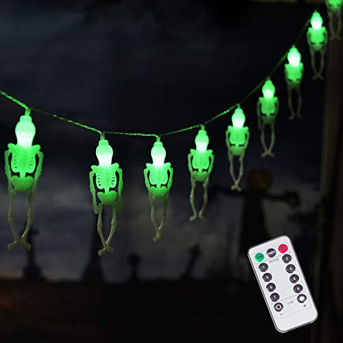 15 LED Halloween Skull String Lights 8 Modes Fairy Lights with Remote Battery Operated Halloween Lights for Outdoor Indoor Party Patio Halloween Decoration-Green-