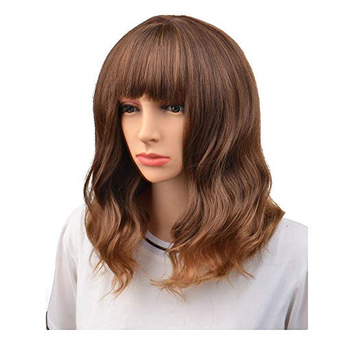 BERON 16 inch Womens Short Curly Wavy Wig with Bangs Synthetic Hair Party Wigs Wig Cap Included -Mixed Brown-