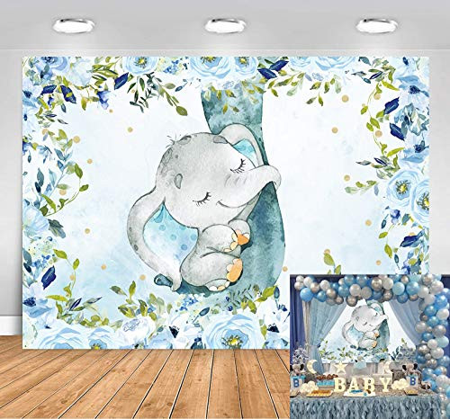 Sensfun Elephant Backdrop for Boy Baby Shower Elephant Blue Floral Photography Background 7x5ft Baby Its a Boy Elephant Baby Shower Backdrops Decorations Banner Photo Booth Favors Supplies