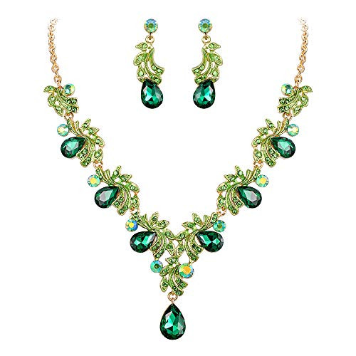 BriLove Wedding Bridal Necklace Earrings Jewelry Set for Women Crystal Teardrop Filigree Leaf Twig Enamel Statement Necklace Dangle Earrings Set Emerald Color Gold-Toned BriLove Wedding Bridal Necklace Earrings Jewelry Set for Women Crystal Teardrop Filigree Leaf Twig Enamel Statement Necklace Dangle Earrings Set Emerald Color Gold-Toned