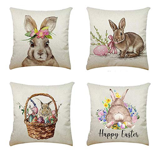 Easter Pillow Covers 18x18 Set of 4Happy Easter Bunny Eggs Truck Decorative Throw Pillow Covers Easter Burlap Pillow Cases for Easter Decor Indoor Sofa Bed -Bunny 18x18- Easter Pillow Covers 18x18 Set of 4Happy Easter Bunny Eggs Truck Decorative Throw Pillow Covers Easter Burlap Pillow Cases for Easter Decor Indoor Sofa Bed -Bunny 18x18-