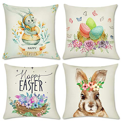 YHmall Easter Pillow Covers 18x18 Inch Happy Easter Rabbit Bunnies with Eggs Cotton Linen Throw Pillow Covers Cushion Cases for Sofa Couch Set of 4 -Beige- YHmall Easter Pillow Covers 18x18 Inch Happy Easter Rabbit Bunnies with Eggs Cotton Linen Throw Pillow Covers Cushion Cases for Sofa Couch Set of 4 -Beige-