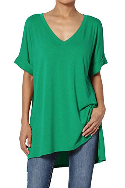 TheMogan Womens V Neck T Shirt Rolled Short Sleeve Side Split Tunic Top Kelly Green L