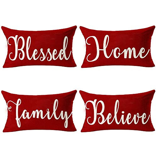 Andreannie Pack of 4 Merry Christmas Red Blessed Home Family Believe Cotton Linen Lumbar Waist Throw Pillow Case Personalized Cushion Cover Decorative for Sofa Living Room 12x20 Inches Andreannie Pack of 4 Merry Christmas Red Blessed Home Family Believe Cotton Linen Lumbar Waist Throw Pillow Case Personalized Cushion Cover Decorative for Sofa Living Room 12x20 Inches