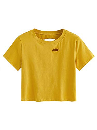 SweatyRocks Womens Summer Short Sleeve Tee Distressed Ripped Crop T-shirt Tops Mustard M