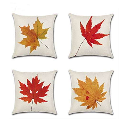 MELOODY Fall Throw Pillow Covers Autumn Theme Thanksgiving Decor Maple Leaves Cotton Linen Square Cushion Pillow Cover for Patio Couch Home Sofa 18x18 inch Set of 4