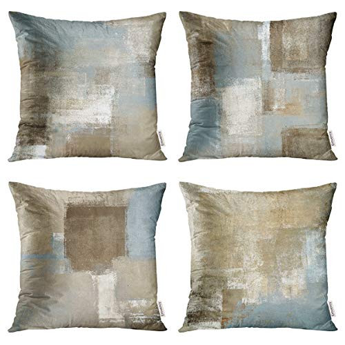 Taysta Set of 4 Decorative Throw Pillow Covers Cases Grey and Beige Abstract Art Painting Modern Home Square Decor Pillow Case Cover Cushion Sofa Size 20x20 Inches Pillowcases