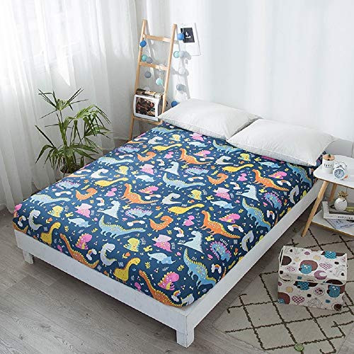 NATURETY Bedding Fitted Sheet with Deep PocketThicken Printed Fabric Bed Sheets for Teens -Navy Blue-Dinosaur- Full-