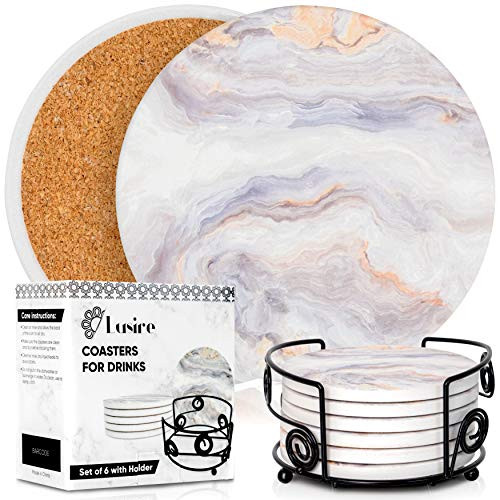 LUSIRE Coasters for Drinks Absorbent - Drink Coasters for Wooden Table Top Protection Unique Marble Pattern Coaster Set of 6 Ceramic Stone Coasters with Holder Desk Tray or Coffee Table Decor
