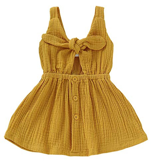 JIAJIAMIN Toddler Baby Girls Dress Solid Color Linen Sleeveless Bowknot Casual Dresses Toddlers Girls Clothes Outfits -Yellow 18-24 Months-