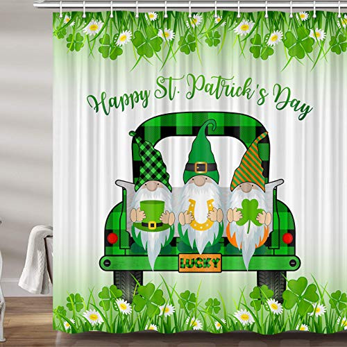 St. Patricks Day Shower Curtain for Bathroom Green Buffalo Check Plaid Truck Gnomes Holiday Fabric Shower Curtains Set Cute Shamrock Bathroom Accessories Decor Hooks Included -69W X 72H-