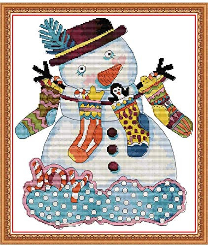 Cross Stitch Stamped Kits 11CT 17X20 inch Holiday Gift Pre-Printed Cross-Stitching Starter Patterns for Beginner Kids or Adults Embroidery Needlepoint Kits Christmas Snowman