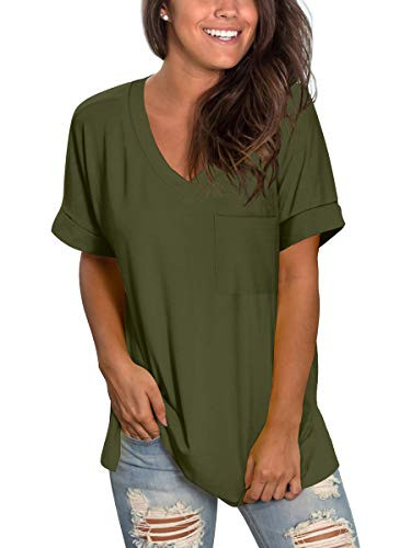 V Neck T Shirts for Womens Summer Tops with Pocket Short Sleeve Casual Tee Green XXL