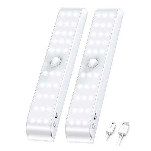 LED Closet Night Lighting Wireless Closet Lighting Motion Sensor USB Rechargeable Wireless Closet Lighting Under Cabinet Uniform Lights for Closets Cabinet Cupboard 2 Packs -White-