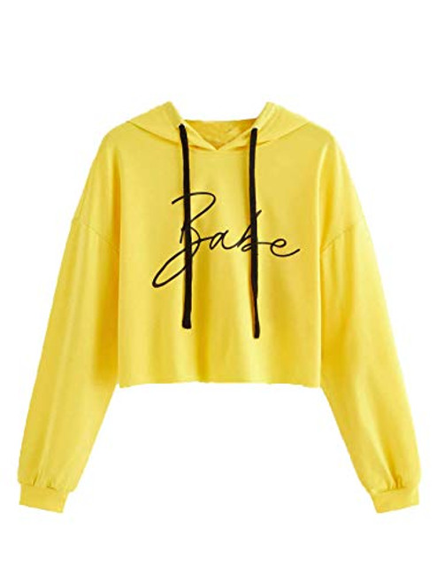 SweatyRocks Womens Casual Long Sleeve Crop Top Sweatshirt Drawstring Hoodies Pullover Yellow M