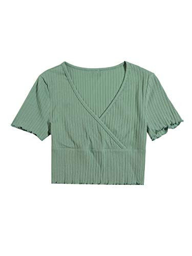 Verdusa Womens Surplice Neck Short Sleeve Rib Knit Wrap Crop Tee Shirt Mint Green M