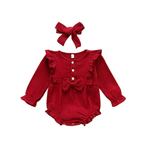 BOUTIKOME Infant Baby Girl Jumpsuit Rompers Long Sleeve Cotton Linen Solid One-Piece Bodysuit -Ruffle/Red 3-6M-