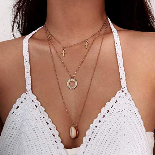 Aimitery Boho Layered Shell Necklace Gold Choker Necklaces Circle Pendant Necklace Chain Adjustable Jewelry for Women and Girls