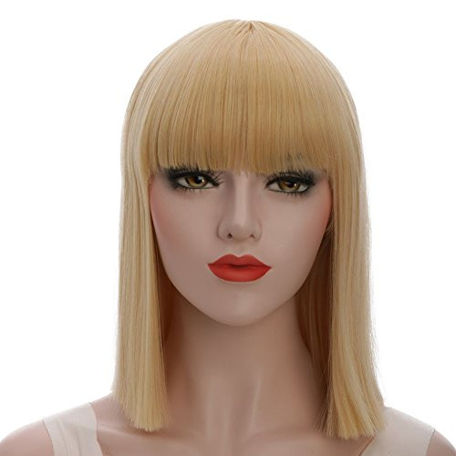 karlery Straight Short Hair Bob Wigs with Flat Bangs Synthetic Wigs for Women Natural As Real Hair -Blonde-