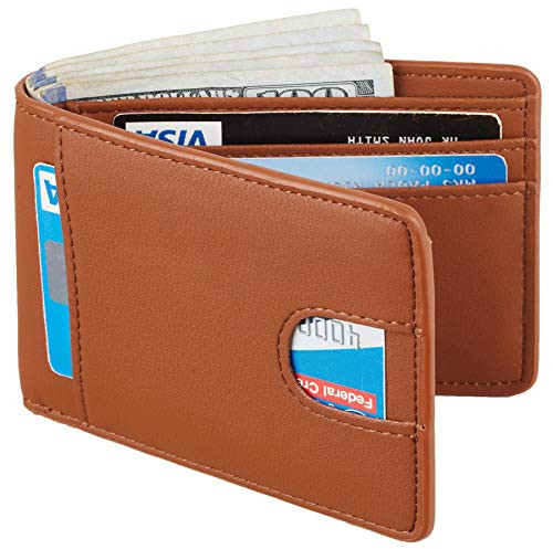 Casmonal Mens Leather Wallet Slim Front Pocket Wallet Billfold RFID Blocking -TeNapa Brown-