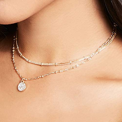 Zehory Boho Crystal Layered Choker Necklace Gold Circle Pendant Necklaces Fashion Bling Beach Chain Jewelry Adjustable for Women and Girls