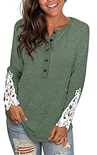 Womens Long Sleeve Round Neck Solid Color Lace Buttons Henley Shirts Tunic Tops Green XL