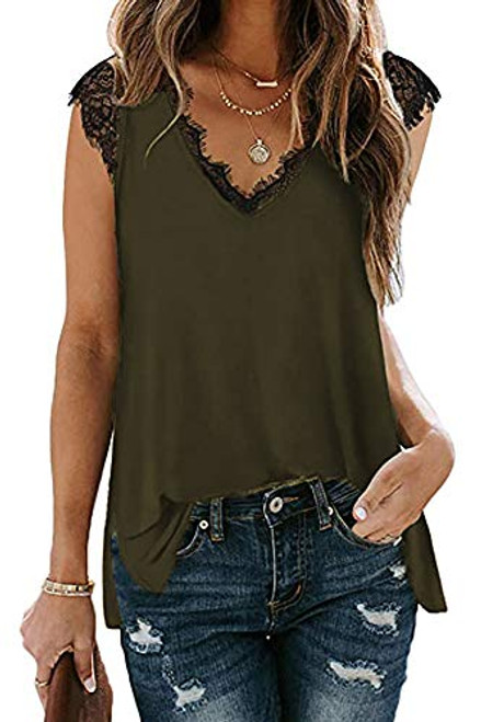 Poetsky Sleeveless Tunic Tops for Women Summer Loose V Neck Lace Tank Tops -XL Olive Green- Poetsky Sleeveless Tunic Tops for Women Summer Loose V Neck Lace Tank Tops -XL Olive Green-