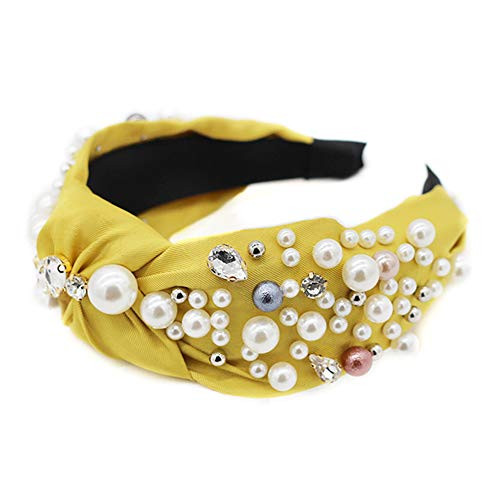 QTMY Pearl Rhinestone Headband for Women Hair Hoop Accessories Jewelry Head Band Headwear -Yellow-