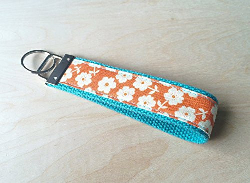 Fabric wristlet keychain key fob - Orange Floral