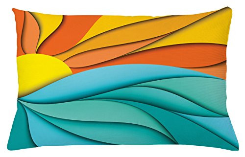 Lunarable Sun Throw Pillow Cushion Cover, Abstract Sunset and Sunrise Concept with Ocean Sea Waves Backdrop, Decorative Square Accent Pillow Case, 26 X 16 Inches, Turquoise Orange and Yellow