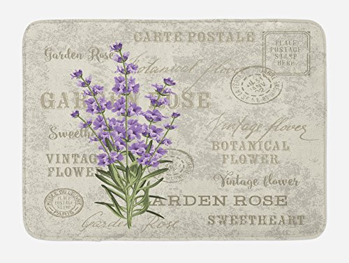 Lunarable Lavender Bath Mat by, Vintage Postcard Composition with Grunge Display and Flowers, Plush Bathroom Decor Mat with Non Slip Backing, 29.5 W X 17.5 W Inches, Lavender Reseda Green Beige