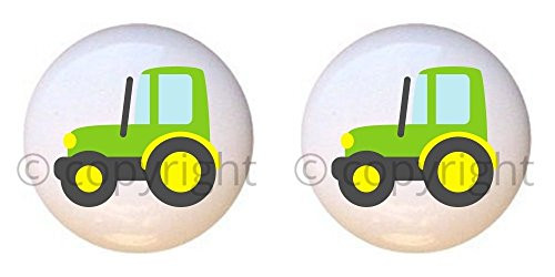 SET OF 2 KNOBS - Green Farm Tractor - Transportation II by PP - DECORATIVE Glossy CERAMIC Cupboard Cabinet PULLS Dresser Drawer KNOBS
