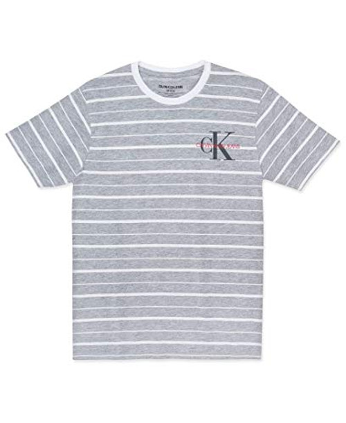 Calvin Klein Boys Short Sleeve Stripe Crew Neck Heathered Light Grey 6