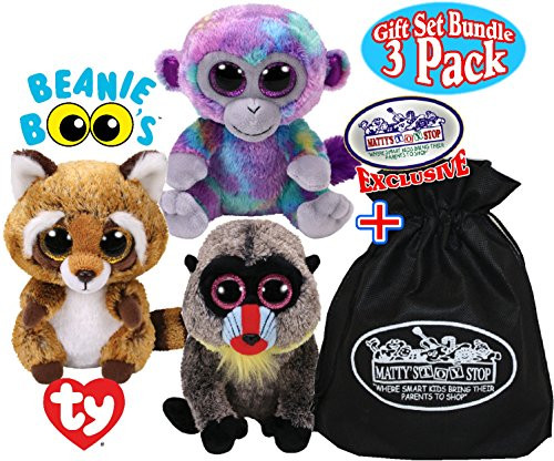TY Beanie Boos Zuri (Monkey), Rusty (Raccoon) & Wasabi (Baboon) Gift Set Bundle with Bonus "Matty's Toy Stop" Storage Bag - 3 Pack