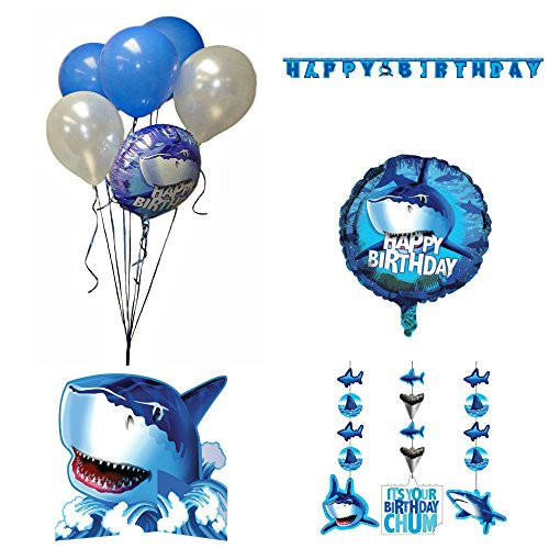 Creative Converting Shark Splash Birthday Bundle  Banner Hanging Decoration Centerpiece and Balloons (Blue- decorations)
