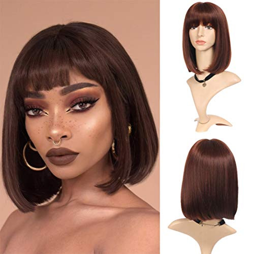 Short Bob Hair Wigs with Bangs for Black Women Brown color Womens Straight Synthetic Shoulder Length Full Hair Wigs Cosplay