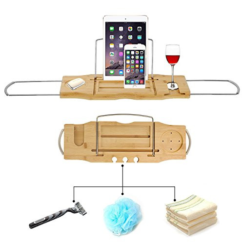 Utoplike Extendable Bamboo Bathtub Caddy Tray Bathtub Rack with Stainless Steel Arms Adjustable Book Holder and Slots for Wine Ipad Phone Utoplike Extendable Bamboo Bathtub Caddy Tray Bathtub Rack with Stainless Steel Arms Adjustable Book Holder and Slots for Wine Ipad Phone