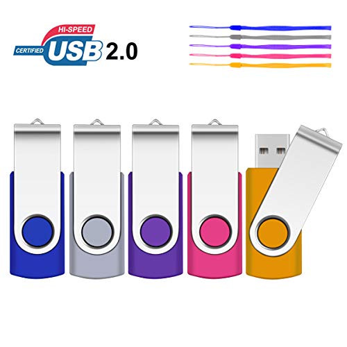 SRVR 5 Pack 4GB USB Flash Drive USB 2.0 Thumb Drives  Jump Drive with Lanyards Metal Swivel USB Memory Stick with LED Indicator-5 Colors-