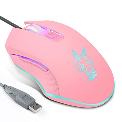 POPOLING Gaming Mouse Universal Cute Pink Rabbit USB Mouse with Colorful LED Backlight 2400DPI Wired Gaming Mouse for Laptop PC Notebook Computer